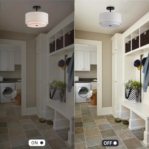 12.6inch Flush Mount Ceiling Light Fixture,3-Light Modern Close to Ceiling Light with 2-Layer Linen Fabric Shade,Farmhouse Drum Ceiling Mount Lamp for Bedroom Hallway Living Room