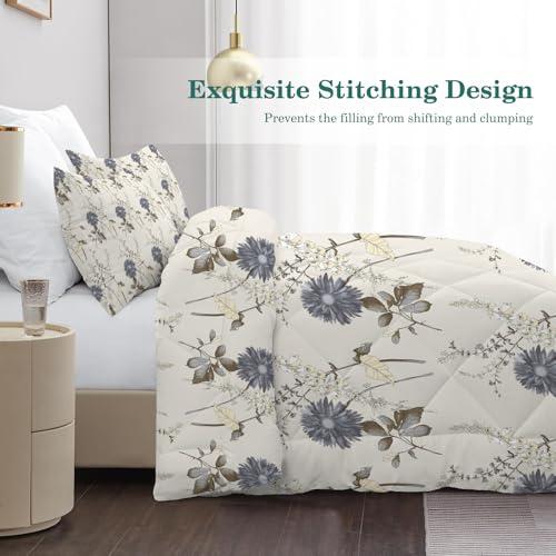 Beige Plant Comforter Full Size, Lightweight Gray Blue Floral Comforters Queen Size for All Season, Soft Microfiber Bedding Set 3 Pieces - 1 Reversible Comforter Duvet Insert   2 Pillowcases