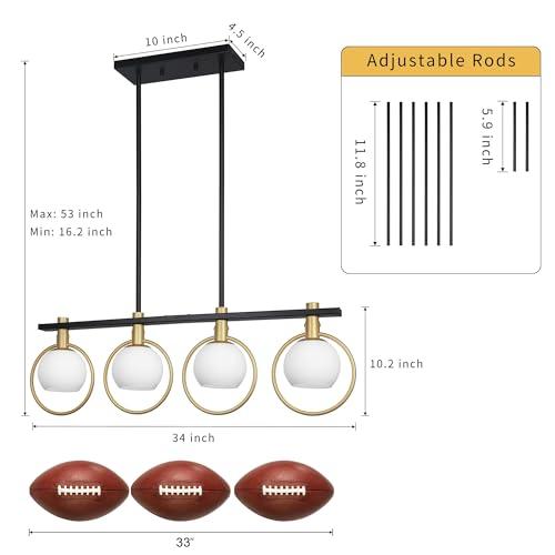 Color Gold Black Chandelier Modern Dining Room Light Fixture 4-Light Kitchen Island Lighting Hanging for Farmhouse Linear Chandeliers Mid Century Chandelier with Milk Glass Globe Shade
