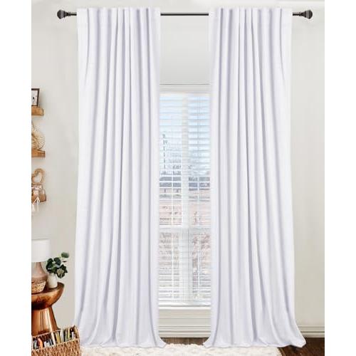 100% Blackout Shield Linen Blackout Curtains for Bedroom 108 Inches Long, Back Tab/Rod Pocket Living Room Drapes, Thermal Insulated Blackout Curtains 2 Panels Set, 50 W x 108 L, Bright White