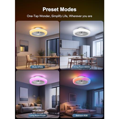 ANGELHALO Ceiling Fans with Lights and Remote, 18'' Modern Flush Mount Fandelier with RGB Lights, Smart Dimmable LED Light, Ultra Quiet 6-Speed Motor, Low Profile Design for Bedrooms & Living Rooms