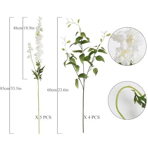 IPOPU White Flowers Artificial Delphinium 9PCS with Clematis Greenery for Wedding & Home Decor