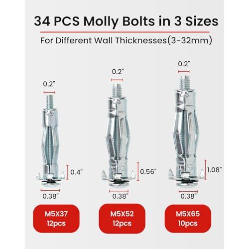 Molly Bolts for Drywall Plaster Walls (0.12-1.28), 34 PCS in 3 Sizes, Heavy Duty Hollow Wall Anchors with Setting Tool, Perfect for TVs, Curtain Rods, Mirrors, Towel Racks, Up to 55 lbs