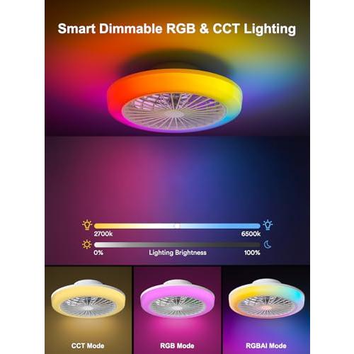 ANGELHALO Ceiling Fans with Lights and Remote, 18'' Modern Flush Mount Fandelier with RGB Lights, Smart Dimmable LED Light, Ultra Quiet 6-Speed Motor, Low Profile Design for Bedrooms & Living Rooms