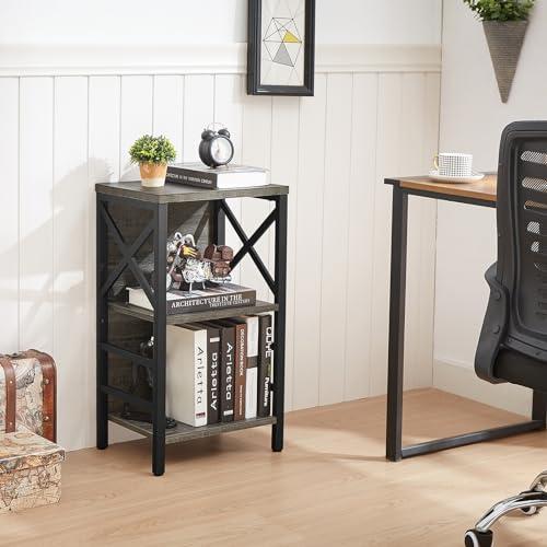 Black L15.7* W11.8 * H27.6  Small Bookcase,3 Tier Industrial Bookshelf with Metal Frame and Backboard,Low Grey Book Shelf,Book case for Small Spaces,Living Room,Bedroom and Home Office