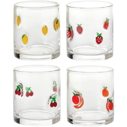 (MISSING CUP) Pandex 14 oz Icon Glasses, Set of 4 - Handcrafted Soda-Lime Drinking Glasses with 3D Molded Fruit Icons (Lemon, Orange, Cherry, Strawberry) - Whimsical Juice Tumblers for Spring & Summer