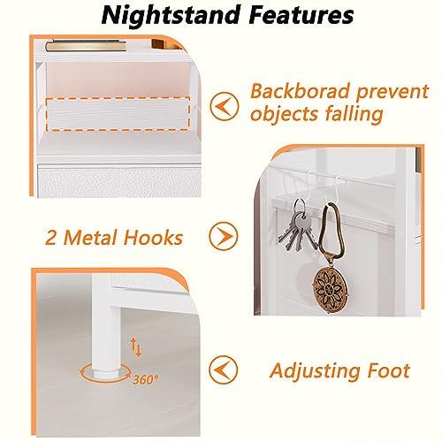 Furologee Nightstands Set 2, End Table with 2 Fabric Drawers, Bedside Table with 2 Hooks, Open Wood Shelf Side Sofa Table for Bedroom/Living Room/Hallway/White