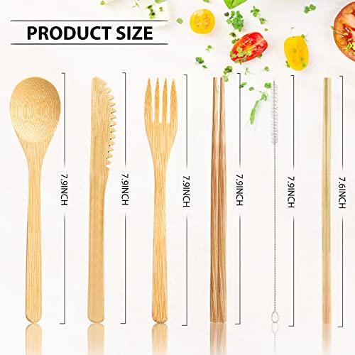 Boao 4 Sets Bamboo Utensils Wooden Utensils Set Reusable Cutlery Travel Chopsticks Fork Spoon Straw Portable Utensil Case for Travel Hiking Picnic Camping Cooking Office Kitchen (Natural Style)