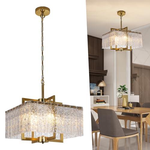 Size 16 Gold Chandeliers for Dining Room, 16 Square Modern Adjustable Pendant Lights for Kitchen Island,Crystal Light Fixture for Entryway Over Table