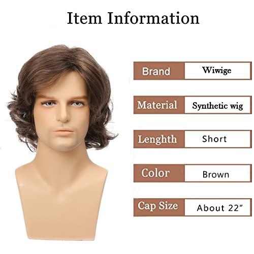 Mens Brown Wig Short Layered Curly Wavy Male Wig Synthetic Hair Wigs Heat Resistant Cosplay Halloween Party with Wig Cap