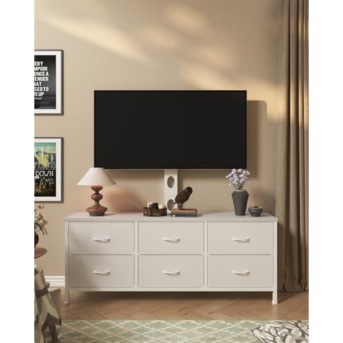 TV Stand with Mount, Fabric Dresser with 6 Drawers for 32/45/55/60/65/75 inch TVs, White Dresser Entertainment Center, Modern Media TV Console Table