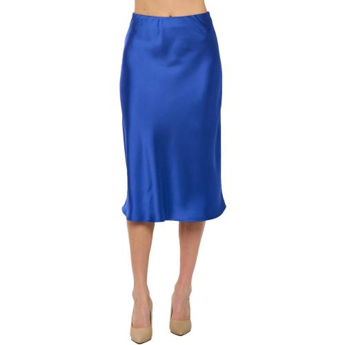 Size S Women Solid High Waist Silky Casual Elastic Satin Midi Skirt -Made in USA (Available in Plus Size)