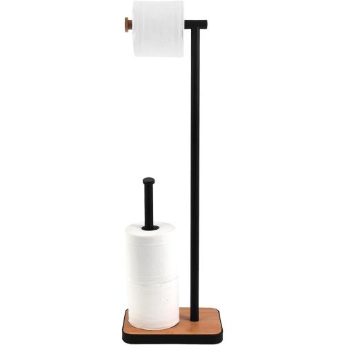 Cameo Bathroom Toilet Paper Free Standing - Tissue Roll Holder, Stainless Steel Rustproof, Non-Slip Stable Bamboo Base