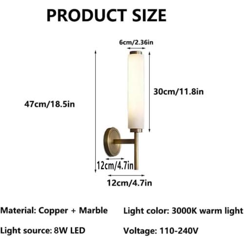 Alabaster Wall Sconce Light LED 3000K Warm Light Indoor Wall Decor Cylindrical Marble lampshade Wall Mount Lamp H65 All-Copper lamp Body for Kitchen Bedroom Living Room Vanity (Black)