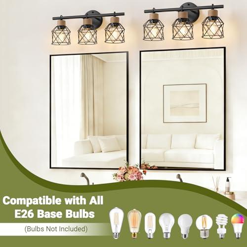 3-Light Farmhouse Bathroom Vanity Light Fixtures Over Mirror, Matte Black Vanity Lights with Metal Cage Lampshade, Vintage Bathroom Sconces Wall Lighting for Living Room Bedroom Hallway Cabinet