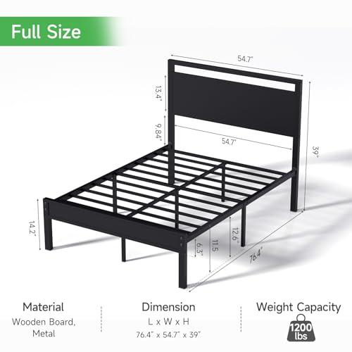 Black Full Size Z-hom Upgraded Full Size Bed Frame, Heavy Duty Metal Sturdy Full Bed Frame with Modern Wood Headboard & Footboard, Stable Platform Bed Furniture Bed Storage, No Noise, No Box Springs, Black