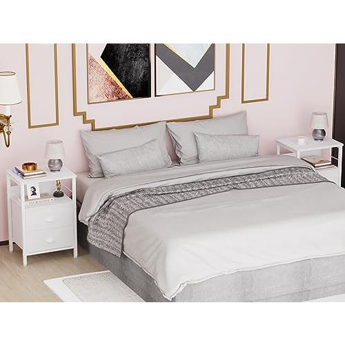Furologee Nightstands Set 2, End Table with 2 Fabric Drawers, Bedside Table with 2 Hooks, Open Wood Shelf Side Sofa Table for Bedroom/Living Room/Hallway/White