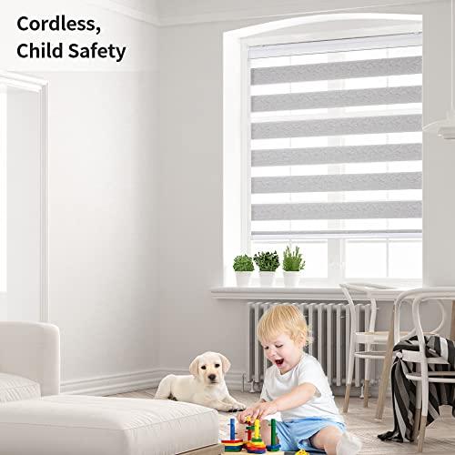 GENIMO Cordless Zebra Blinds for Windows, Dual Layer Roller Window Shades, Sheer or Privacy Light Control for Day and Night, Mini Door Blinds for Home, Office, Easy to Install, Grey, 29 W X 72 H