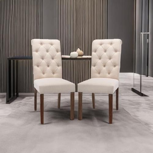 COLAMY Tufted Upholstered Dining Chairs Set of 2, Accent Parsons Chairs with Solid Wood Legs and Padded Seat, Beige