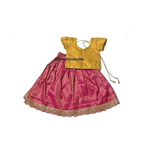 Tissue Silk & Chanderi Fabric Short Sleeve Party Wear Lehenga Choli for Girls & Kids (Color-Yellow & Hot Pink)