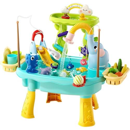 2027 Upgraded 4-in-1 Sand Water Table for Toddlers 1-3, Kids Sensory Table with Electric Water Pump & Elephant Faucet, Play Kitchen Sink with Food Accessories, Fishing Toy (Blue) | 4-in-1 sand and water table with electric pump, play kitchen sink and fishing accessories for indoor or outdoor sensory play.