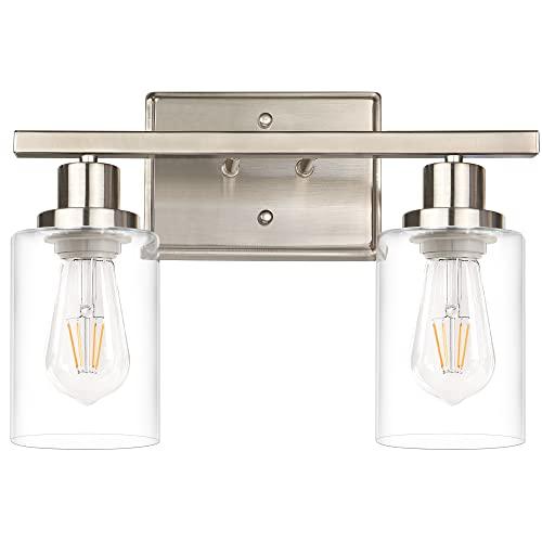 Ascher 2-Light Wall Sconces, Modern Vanity Light Fixture with Clear Glass Shade, Brushed Nickel Wall Light for Mirror Bedroom Hallway, E26 Base (Bulbs Not Included)