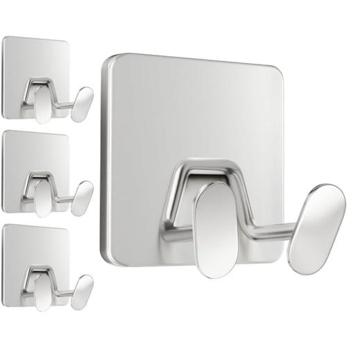 Adhesive Shower Hooks for Inside - Extra Sticky Stainless, Razor Holder Shower Accessories, Wall Mounted Self-Adhesive Double Hooks for Razor, Loofah, Towel, Shaver, Coat, Key, Silver, 4-Pack