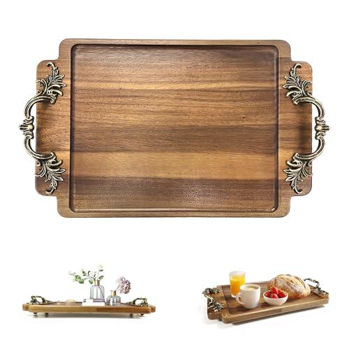 Vintage Coffee Table Decor Wooden Serving Tray, Home Decorative Wood Vanity Tray for Bathroom Kitchen Bedroom (15.3 L x 9.8 W)