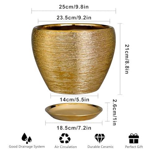 Ceramic Planter 10 Inch - Indoor Plant Pot with Drainage Hole and Saucer Large Decorative Planter Mid-Century Modern Flower Pot Outdoor for Home Decor Gold