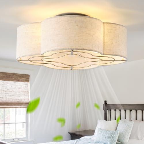 WHITE 20 Boho Ceiling Fan with Light, Rattan Caged Flush Mount Ceiling Fan with Light Remote Control, Enclosed with 6 Speeds for Bedroom, Living Room, Foyer, Nursery (Beige)