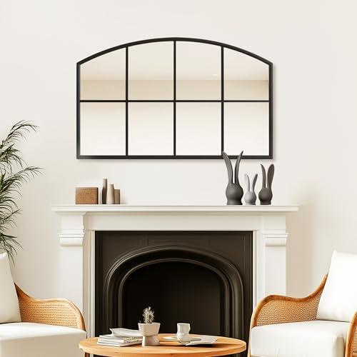 Arched Window Pane Mirror 42x26 Cathedral Black Farmhouse Window Metal Arch Wall Grid Mirror for Bathroom Fireplace Entryway Bedroom Living Room Hallway Hanging or Leaning Against Wall