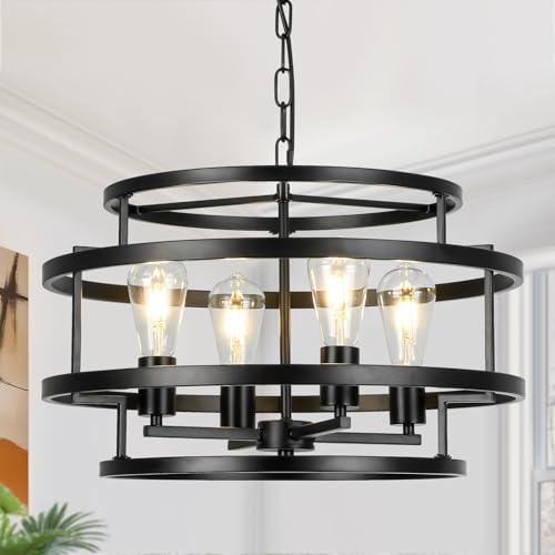 4-Light Black Chandelier for Dining Room, 19.7 Modern Farmhouse Pendant Light with Geometric Metal Frame, Industrial Flush Mount Ceiling Light for Living Room, Bedroom, Kitchen Island, Hallway, Foyer