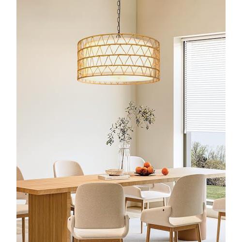 20 Rattan Chandelier Farmhouse Light Fixtures, 5-Light Boho Chandeliers for Dining Room, Fabric Lamp Shade for Living Room, Bedroom, Hallway Rattan Pendant Light Fixture, E26 (no test)