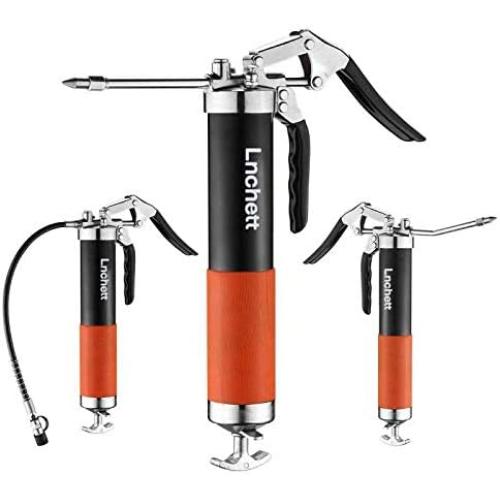 Lnchett Grease Gun with Quick Release Coupler, 9000 PSI Professional Heavy Duty 14 oz Pistol Grip Grease Gun with 18 Inch Spring Flex Hose, 1 Extension Rigid Pipe and1 Sharp Nozzle Included