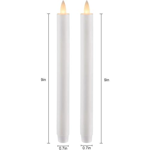 Flameless Taper Candles Flickering with Remote and Timer, 3D Moving Flame Taper Candle Battery Operated to 400 Hours, 9 Inch Window Candles, (White)