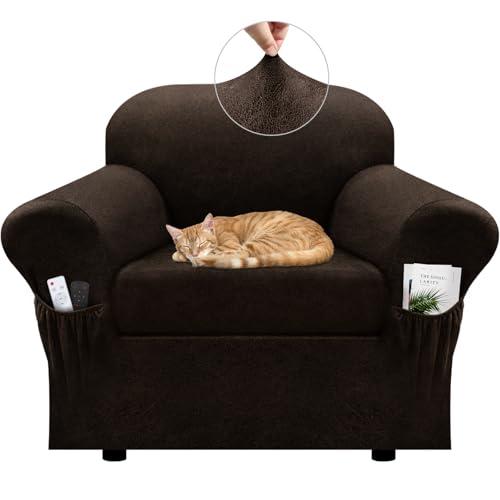 Chair Slipcover with Armrest Pockets 2-Piece Set, Stretch Faux Leather Chair Cover for Armchairs(Fits 31-45) - Non-Slip, Machine Washable, Pet & Kid Friendly - Dark Brown