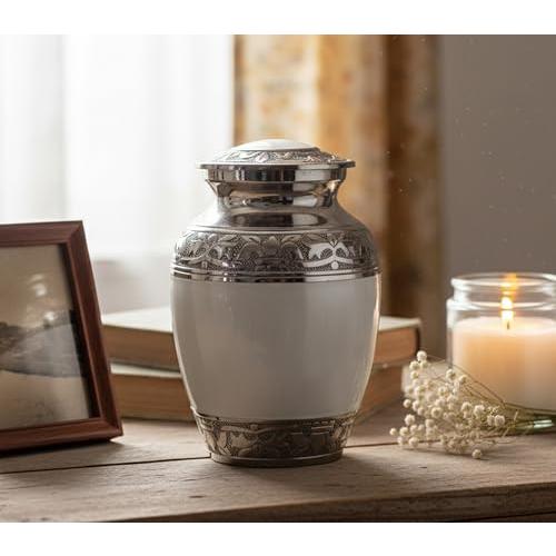 eSplanade Cremation Urn Memorial Container Jar Pot | Metal Burial Urns | Keepsake for Ashes | Brass - White - 6 Inches (Medium)