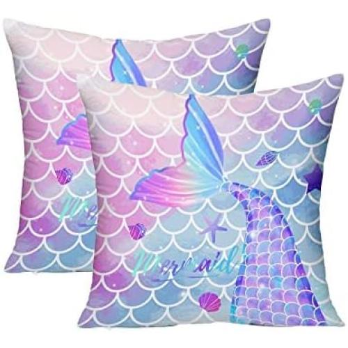 MUSOLEI Mermaid Pillow Cover,18x18 Pack of 2 Square Soft Mermaid Tail Blue Pillow Cases with Zipper Mermaid Nursery Decor Girl Bedroom Decor Little Mermaid Room Decor for Girls Couch Sofa Living Room