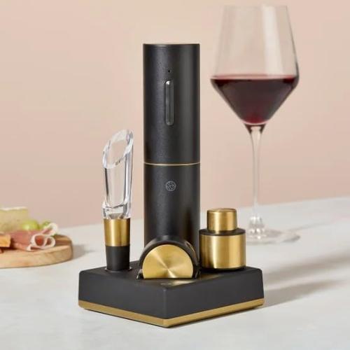 RBT 5-Piece Electric Wine Set with Automatic Corkscrew, Aerator, Foil Cutter, Vacuum Preserver, Charging Base, Black and Gold