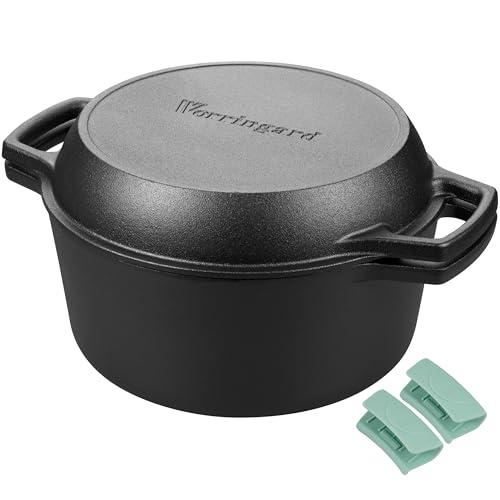 VORRINGARD Pre-seasoned Cast Iron Double Dutch Oven Pot with Skillet Lid, Dual-handle, for Bread Baking, Outdoor, Campfire Cooking, 5 Quart