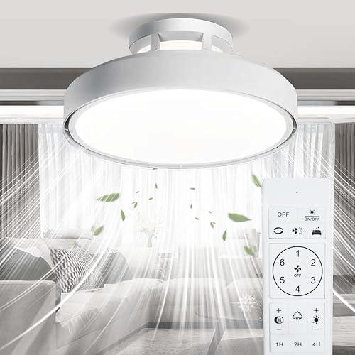 Bladeless Ceiling Fans with Lights, Flush Mount Ceiling Fan with Lights and Remote, 6 Wind Speeds Smart Low Profile Ceiling Fan for Bedroom, Kids Room and Living Room 20, White