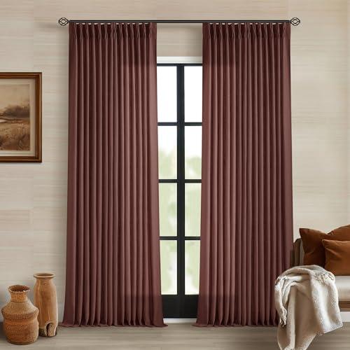 Brown Red Linen Pinch Pleated Curtains 102 Inches Long for Living Room Pleated Drapes Hooks Back Tab Thick Linen Textured Boho Farmhouse Country Terracotta Maroon 102 Inch Curtain for Dining Bedroom