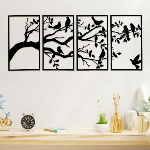 ruelen Wall Decor 4 Pieces Large Metal Birds and Branch Wall Art, Tree of Life Metal Wall Art, Black Leaves with Birds Silhouette Hanging Wall Sculpture For Indoor Home Bedroom Living Room Outdoor