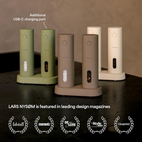 LARS NYSØM Electric Salt and Pepper Grinder Set, USB Rechargeable, Automatic Salt and Pepper Mills, Spice Shakers Refillable with LED Light, Adjustable Coarseness, Ceramic Grinder (Butter Cream)