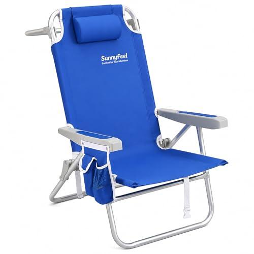 SUNNYFEEL 12.6 High Seat Beach Chair for Adults, High Back 5-Position Lay Flat Reclining Beach Chair with Detachable Cooler Bag, Folding Beach Chair with Cup Holder, Heavy Duty 360 LBS
