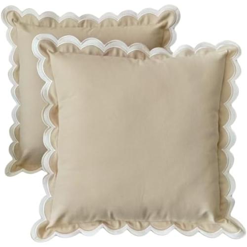 Scalloped Edge Embroidery Pillow Cover Set of 2 | Decorative Throw Pillow Covers | Boho-Chic cushion covers for Living Room (Beige)