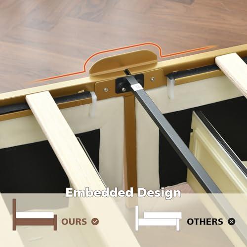 Queen Size Rounded Metal Upholstered Bed with , Velvet Platform Storage Bedframe with Headboard, Wooden Slats Support, No Box Spring Needed, Cream