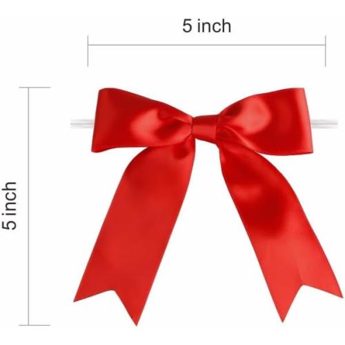 Set of 50 Pcs  Color red 5 Inches Twist Tie Satin Ribbon Bows Pretied Premade Craft Bows for Treat Bags Gift Wrapping Basket Wedding Baby Shower Brithday Christmas Party (Red)