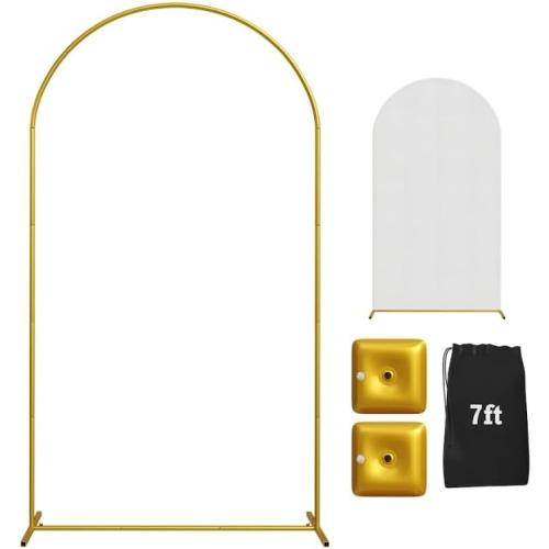 7.2FT Gold Wedding Backdrop Arch Stand with White Spandex Cover – Metal Frame, Water Weights & Storage Bag – Party, Birthday, Baby Shower, Bridal Shower, Wedding Ceremony, Photo Booth Decor