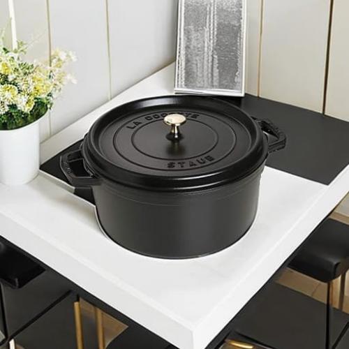 Black STAUB Cast Iron Dutch Oven Round Cocotte, Made in France, Black Matte